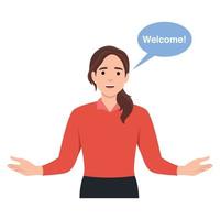 You are welcome. Cheerful woman gesturing welcome sign and smiling while standing vector