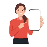 mujer demostración blanco teléfono inteligente pantalla y señalando en él. vector