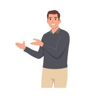 Young Man pointing away hands together and showing or presenting something while standing and smiling. Man pointing copy space. Emotion and body language concept vector