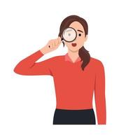 Young woman using magnifying glass and pointing finger. Searching internet data concept. vector