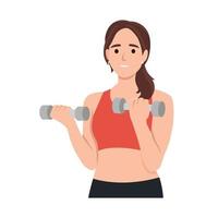 joven mujer es haciendo ejercicio con pesa. vector