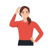 Young woman scratching her head. Puzzled girl scraping hair, feeling doubt or hesitating. Question and doubt concept, human expression and body language concept vector