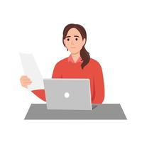 Young successful businesswoman reading documents. Smiling young female employee busy at laptop checking paperwork in office. Flat vector illustration isolated