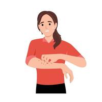 Unhappy suffering woman scratching the skin on her hand. Various skin problems, such as allergies, psoriasis, itching, atopic dermatitis, eczema, dryness, redness. Virus disease and eczema concept