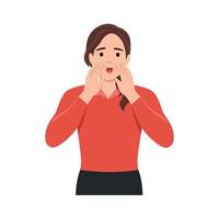 Young worried woman teenager character standing yelling shouting or screaming with hands on mouth vector