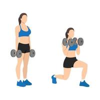 Woman doing Lunging. Lunge with bicep hammer curls exercise vector