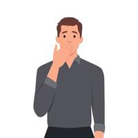 Frustrated young man cover mouth shocked with news or message. Confused guy surprised make hand gesture feeling astonished. Shock and distress emotion vector
