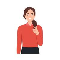 Standing business woman pointing with index finger at viewer in I want you gesture vector