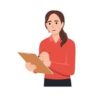 Young woman holding clipboard and writing. Vector illustration in cartoon style.