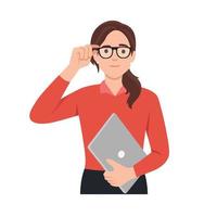 Portrait of a girl in glasses wearing casual outfit, holding a laptop, flat illustration of studying at home during lock down vector