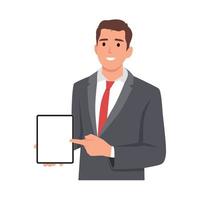 Happy confident business man showing a blank screen tablet computer and pointing towards it. Business man standing isolated in white background holding empty screen tablet PC vector