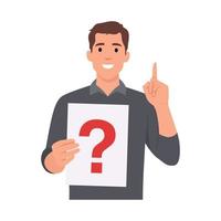 Young man holding question mark in think bubble and finding new idea pointing finger up vector