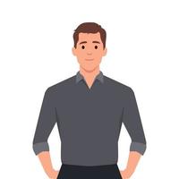 illustration of a friendly young man in business casual clothes. Cool young guy standing with hands in his pockets. vector