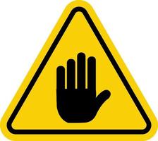 Yellow triangle and black palm. Forbidden access. Forbidden sign. Do not touch. Will stop. No entry sign. vector