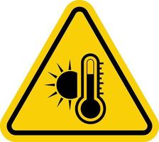 alto temperatura signo. advertencia amarillo triángulo con el imagen de el Dom y un termómetro adentro. muy caliente y incendio. vector