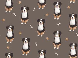 Seamless pattern with vector big cute cartoon Bernese mountain dogs sitting and smiling on dark background. Domestic happy pets