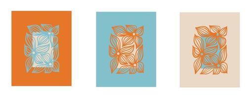 Set of vector backgrounds with flowers in trendy retro trippy style. Hippie 60s, 70s style. Blue, orange, beige colors.