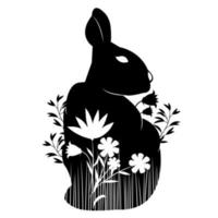 stencil rabbit sitting in the grass and flowers vector