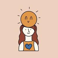 The concept of victory over depression, positive mood, mental health. The girl smiles with the sun on her head. Vector illustration in flat style