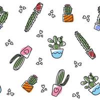 seamless pattern of cactuses in colorful pots with hearts vector