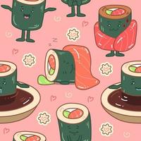 Cute funny asian japanese sushi character seamless pattern. Vector hand drawn cartoon kawaii character illustration. Sushi, roll, soy sauce, salmon, tuna
