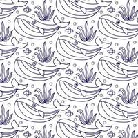 Vector hand-drawn colored childish seamless repeating simple flat pattern with whales in scandinavian style on a white background. Cute baby animals. Pattern for kids with whales. Sea. Ocean.