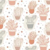 Cactus with stars seamless pattern in boho style isolated on white background vector