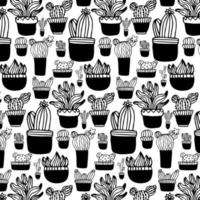 Seamless cactus pattern. Repeating hand drawn background. Black and white cacti print in the scandinavian style. Vector