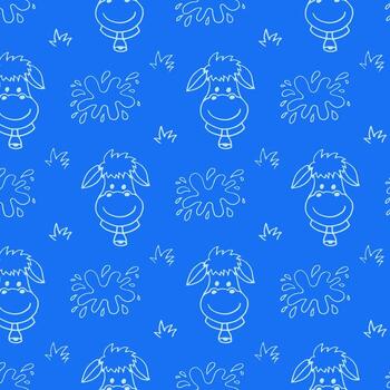 Seamless pattern with cows and milk splashes isolated on blue background, childish print vector