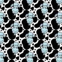 Vector smiling standing cow pattern on a spot background with. Seamless, sketch doodle or marker style with outline. For textile prints, wrapping paper, milk packages etc.