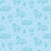 Cute cows and hay with milk bottles seamless pattern isolated on blue background. vector