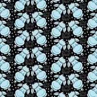 Seamless pattern with cows and milk splashes isolated on black background, childish print vector