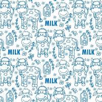 Cute seamless pattern on blue background decorated with little cows milk box and splash design for world milk day. vector