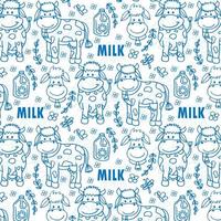 Cute seamless pattern on blue background decorated with little cows milk box and splash design for world milk day. vector