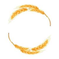 Wreath from spikelet, golden color wheat round frame in cartoon style isolated on white background. For bakery, tags or labels. Vector illustration