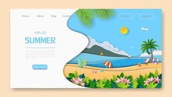 Summer landing page on paper cut and craft style vector