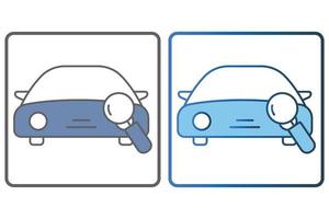 Auto diagnosis icon illustration. car icon with search. icon related to car service, car repair. Two tone icon style, lineal color. Simple vector design editable