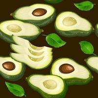 Vegetable seamless pattern of fresh avocado, pieces, and leaves. Vector. vector