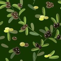 Fresh olive, branches, and leaves. Vegetable seamless pattern. Vector illustration.