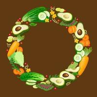 Set of different vegetables in circle. Cucumber, carrot, avocado. Vector. vector