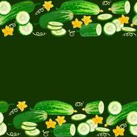 Cucumber seamless pattern with slices and flowers. Fresh vegetables. Vector. vector