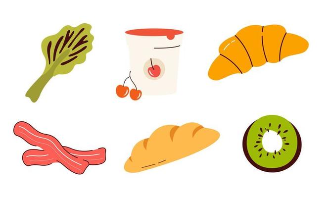 Set of groceries healthy food illustration. Bread, flour, dairy products, olive oil and butter collection. Milk, cheese, curds, egg and sour cream