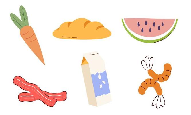 Set of groceries healthy food illustration. Bread, flour, dairy products, olive oil and butter collection. Milk, cheese, curds, egg and sour cream