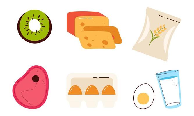 Set of groceries healthy food illustration. Bread, flour, dairy products, olive oil and butter collection. Milk, cheese, curds, egg and sour cream