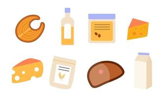 Set of groceries healthy food illustration. Bread, flour, dairy products, olive oil and butter collection. Milk, cheese, curds, egg and sour cream vector