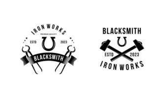 Blacksmith and iron works emblems design element for logo vector