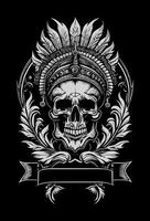 Indian skull logo black and white hand drawn illustration vector