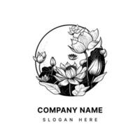 lotus logo round floral black and white hand drawn illustration vector