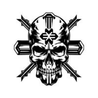 marine skull head logo hand drawn black and white illustration vector