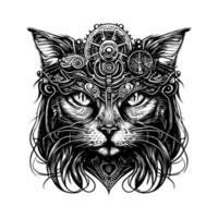 Steampunk Longhair Cat Logo is a unique and charming blend of Victorian-era aesthetics and feline grace. This design features a long-haired cat with flowing fur, donning a collar with gears vector